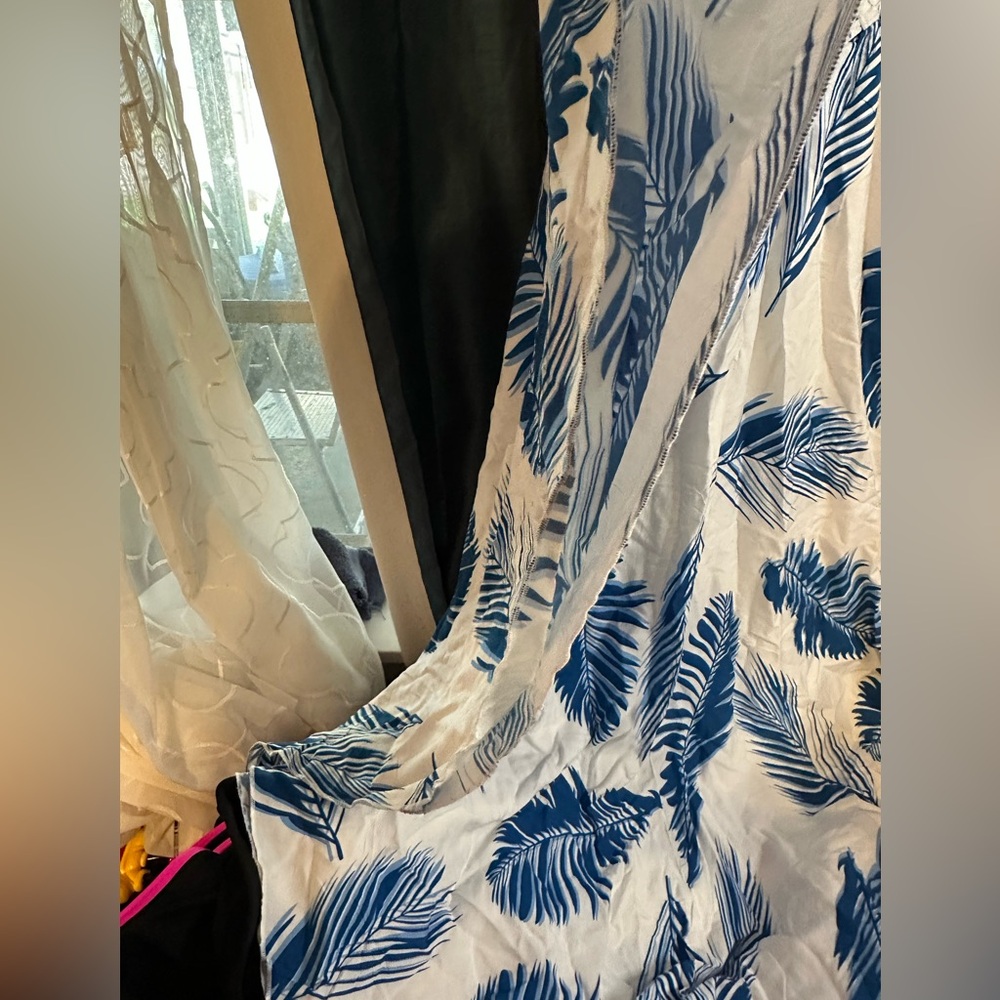 Blue and White Leaf Print Swim Cover Up. - Picture 2 of 5